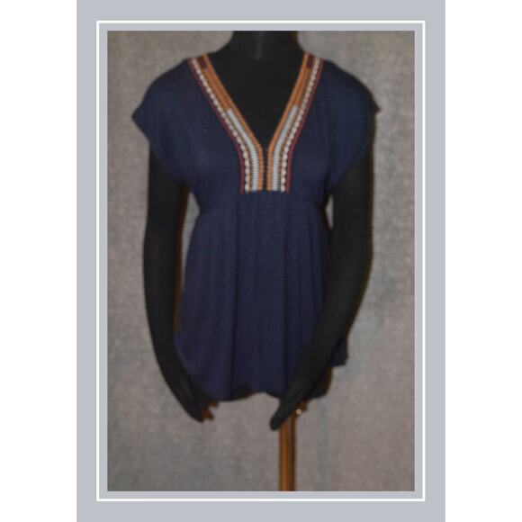 Knox Rose Pretty Navy Embroidered V-Neck Princess Waist Raglan Sleeve Tunic SZ S - Picture 1 of 6